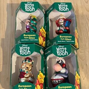 Disney Winnie the Pooh Glass Ornaments Set - Red, Blue, Silver